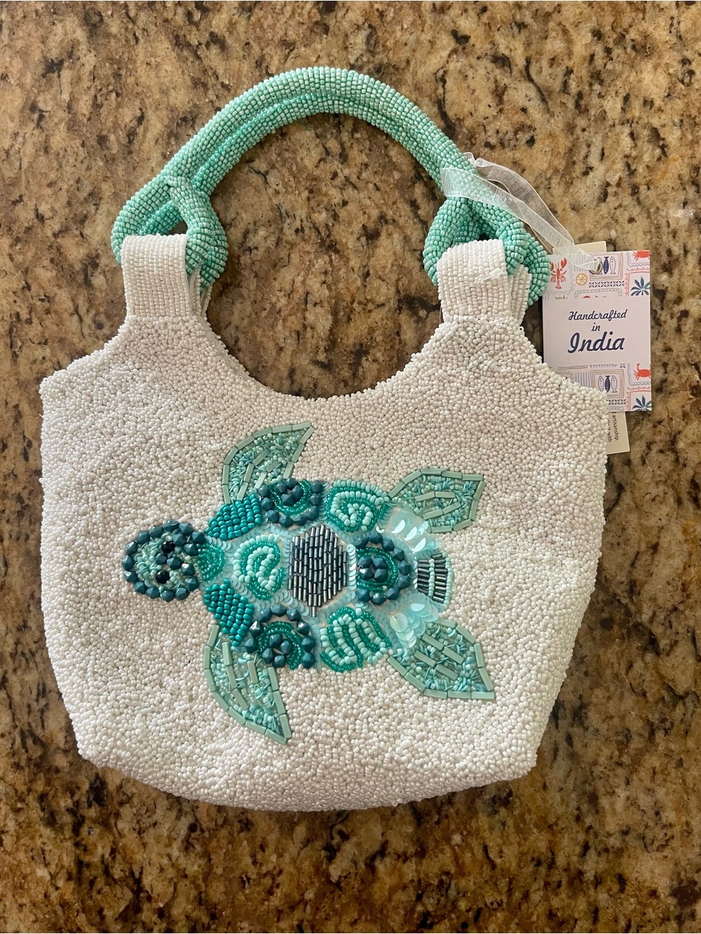 🐢💫Handcrafted Beaded Sea Turtle Tote Bag - White and Teal